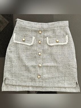 Chic Gray Tweed Mini Skirt with Gold Buttons